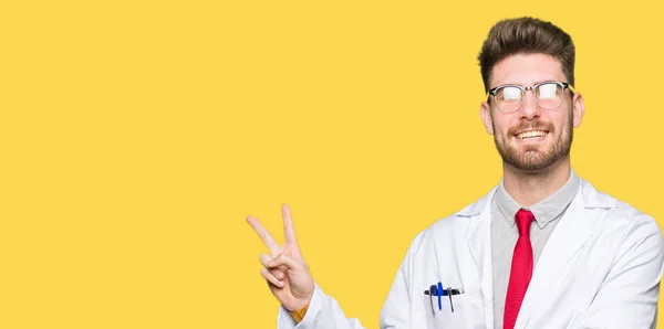 Young Handsome Scientist Man Wearing Glasses Smiling Happy Face Winking — Stock Photo, Image