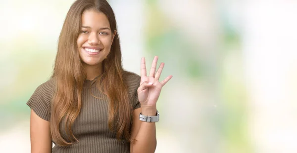 Mladá Krásná Bruneta Žena Izolované Pozadí Zobrazení Ukázal Prsty Číslo — Stock fotografie