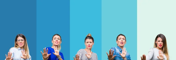 Collage Van Jonge Mooie Vrouw Blauwe Strepen Geïsoleerd Achtergrond Bang — Stockfoto