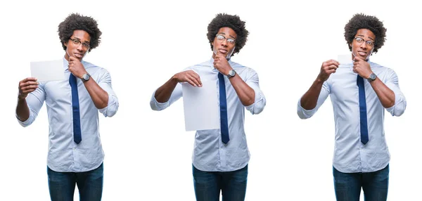 Colagem Afro Americanos Jovem Homem Negócios Segurando Cartão Papel Branco — Fotografia de Stock