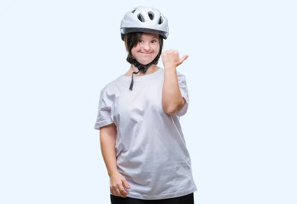 Young Adult Cyclist Woman Syndrome Wearing Safety Helmet Isolated Background — Stock Photo, Image