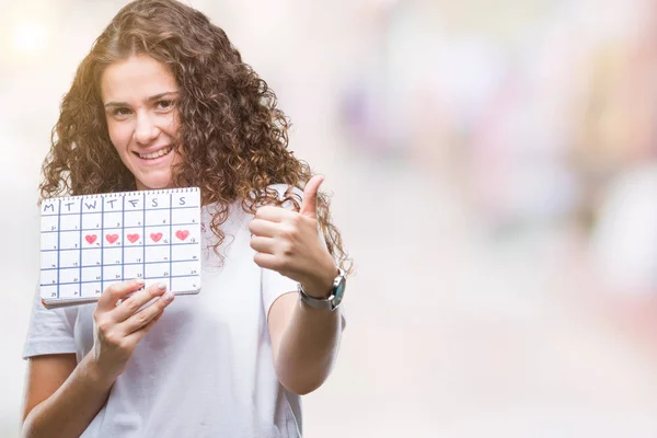 Jonge Brunette Meisje Houdt Van Menstruatie Kalender Geïsoleerde Achtergrond Blij — Stockfoto