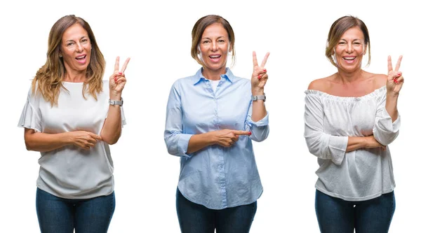 Orta Yaş Spanyol Kadın Mutlu Yüz Zafer Işareti Yaparken Kameraya — Stok fotoğraf