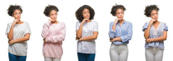 Kolaż African American Kobieta Białym Tle Ręką Podbródek Myślenia Pytanie — Zdjęcie stockowe