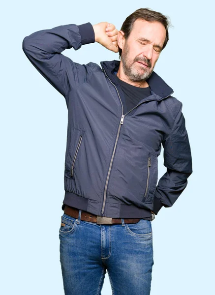 Middle Age Handsome Man Wearing Jacket Stretching Back Tired Relaxed — Stock Photo, Image