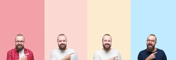 Colagem Jovem Com Barba Sobre Listras Coloridas Fundo Isolado Alegre — Fotografia de Stock