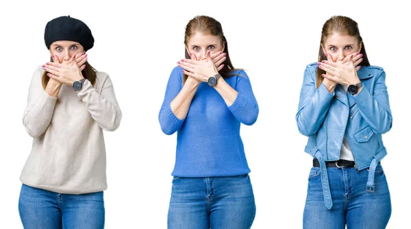 Collage Hermosa Mujer Mediana Edad Sobre Fondo Aislado Impactó Cubriendo — Foto de Stock