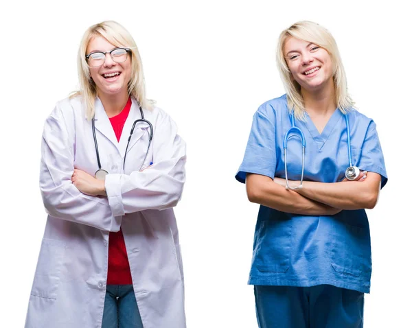 Collage Médecin Infirmière Femme Sur Fond Blanc Isolé Visage Heureux — Photo