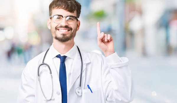 Young Doctor Man Wearing Hospital Coat Isolated Background Showing Pointing — Stock Photo, Image