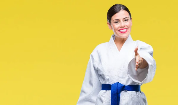 Jovem Mulher Bonita Vestindo Uniforme Kimono Karatê Sobre Fundo Isolado — Fotografia de Stock