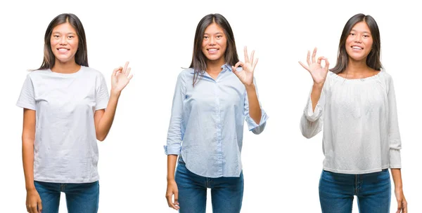 Collage Mujer Joven Asiática Pie Sobre Fondo Blanco Aislado Sonriendo — Foto de Stock