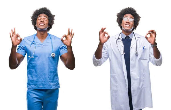 Collage Joven Cirujano Afroamericano Enfermera Médico Sobre Fondo Aislado Relajarse —  Fotos de Stock