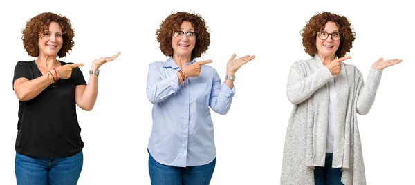 白で中年年配の女性のコラージュ分離驚くし 手とを提示 指で指している間カメラに笑顔の背景 — ストック写真