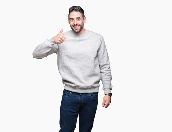 Young Handsome Man Wearing Sweatshirt Isolated Background Doing Happy Thumbs — Stock Photo, Image