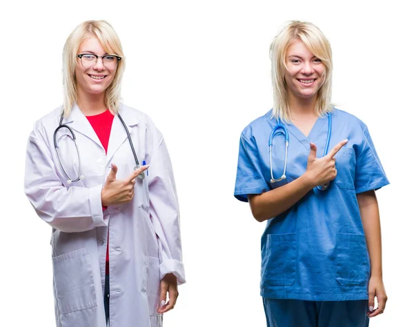 Collage Läkare Och Sjuksköterska Kvinna Över Isolerade Vitbakgrund Glada Med — Stockfoto