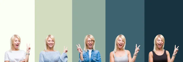 Collage Van Mooie Blonde Vrouw Groene Vintage Geïsoleerde Achtergrond Glimlachend — Stockfoto