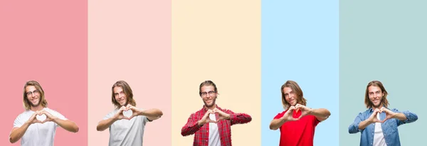 Collage Van Jonge Knappe Man Geïsoleerde Achtergrond Kleurrijke Strepen Glimlachend — Stockfoto