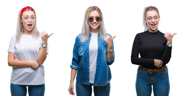 Collage Hermosa Mujer Joven Rubia Con Gafas Sobre Fondo Aislado —  Fotos de Stock