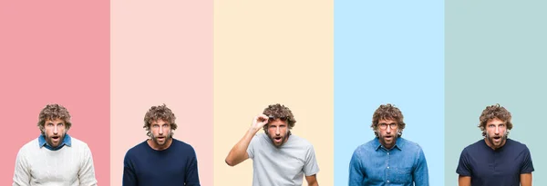 Collage Joven Hombre Casual Sobre Rayas Colores Aislado Fondo Miedo — Foto de Stock