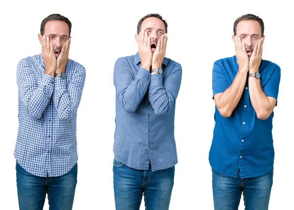 Colagem Homem Idoso Bonito Sobre Fundo Isolado Branco Mãos Cansadas — Fotografia de Stock