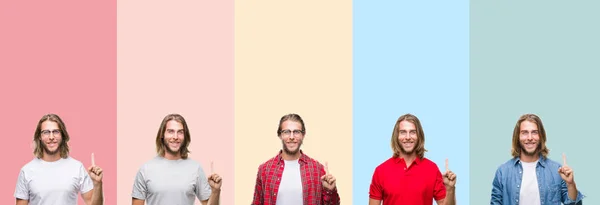 Collage Young Handsome Man Colorful Stripes Isolated Background Showing Pointing — Stock Photo, Image