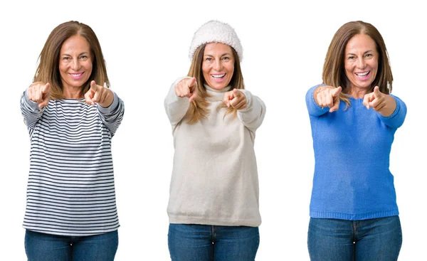 Collage Van Mooie Middelbare Leeftijd Vrouw Geïsoleerde Achtergrond Naar Camera — Stockfoto