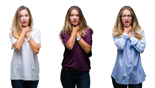 Collage Unga Vackra Blonda Kvinnan Över Isolerade Bakgrund Skrika Och — Stockfoto