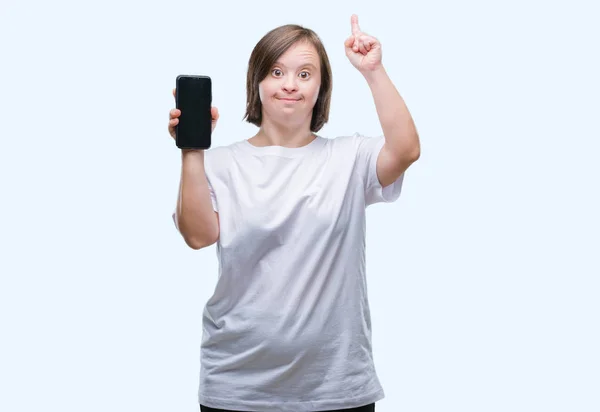 Jonge Volwassen Vrouw Met Het Syndroom Van Weergegeven Smartphone Scherm — Stockfoto