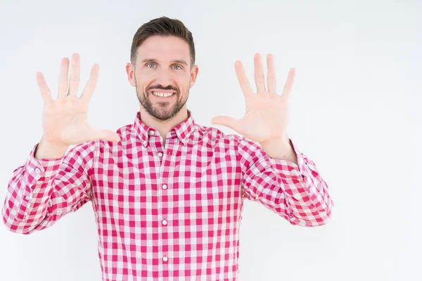 Joven Hombre Guapo Con Camisa Sobre Fondo Aislado Mostrando Señalando — Foto de Stock