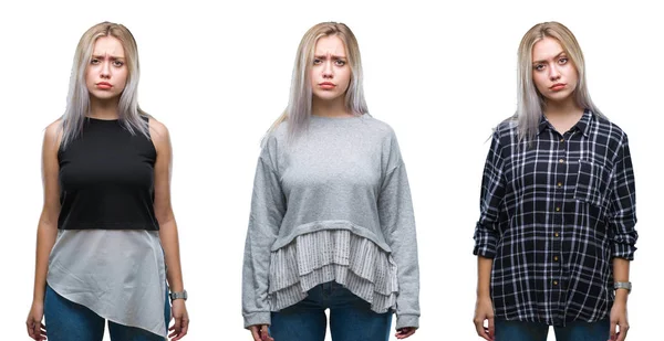 Collage Vacker Blond Ung Kvinna Över Isolerade Bakgrund Skeptiker Och — Stockfoto