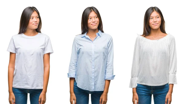 Collage Jeune Femme Asiatique Debout Sur Fond Blanc Isolé Souriant — Photo