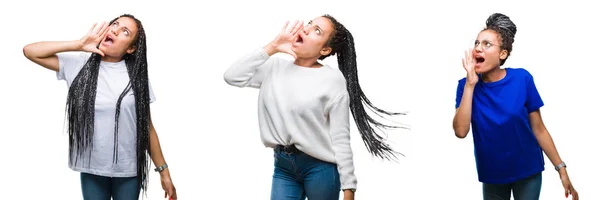 Kolaż Piękne Włosy Plecione African American Kobieta Białym Tle Krzycząc — Zdjęcie stockowe