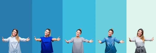 Collage Einer Jungen Schönen Frau Über Blauem Isoliertem Hintergrund Die — Stockfoto