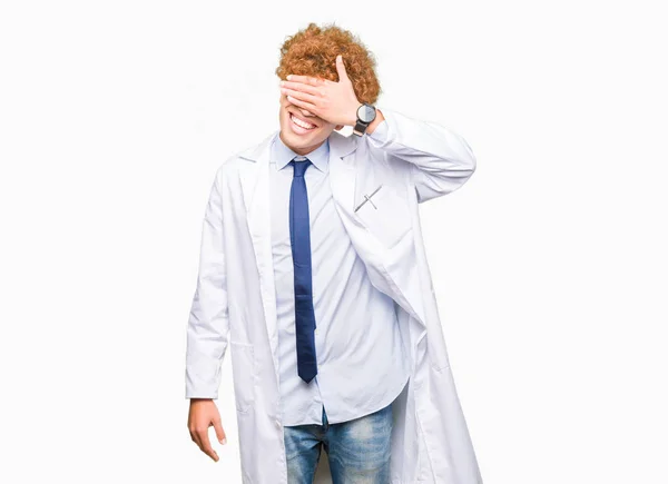 Young Handsome Scientist Man Wearing Glasses Smiling Laughing Hand Face — Stock Photo, Image