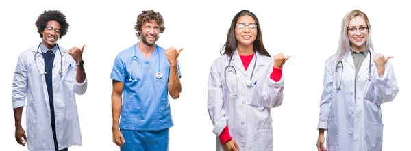 看護師 外科医人探していると親指のアップが付いている側面を指している幸せそうな顔を浮かべて孤立の背景の上のグループのコラージュ — ストック写真
