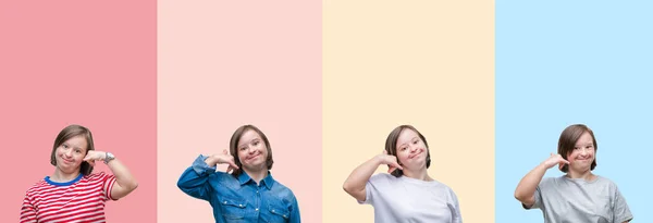Collage Van Syndroom Vrouw Kleurrijke Strepen Geïsoleerd Achtergrond Glimlachend Telefoon — Stockfoto
