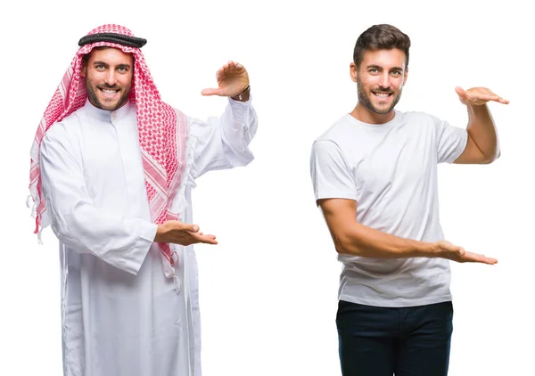 ハンサムな若い男と以上のアラブ人のコラージュは 背景がメジャー シンボル兆し大きな 大きなサイズの手でジェスチャーを分離しました カメラを見て笑っています 測定概念 — ストック写真