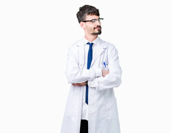 Young Professional Scientist Man Wearing White Coat Isolated Background Smiling — Stock Photo, Image