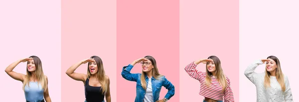 Collage Van Jonge Mooie Vrouw Roze Strepen Geïsoleerd Achtergrond Erg — Stockfoto