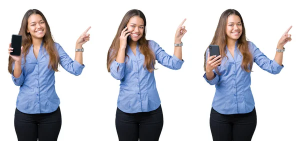 배경에 손가락으로 가리키는 스마트폰을 비즈니스 우먼의 콜라주 — 스톡 사진