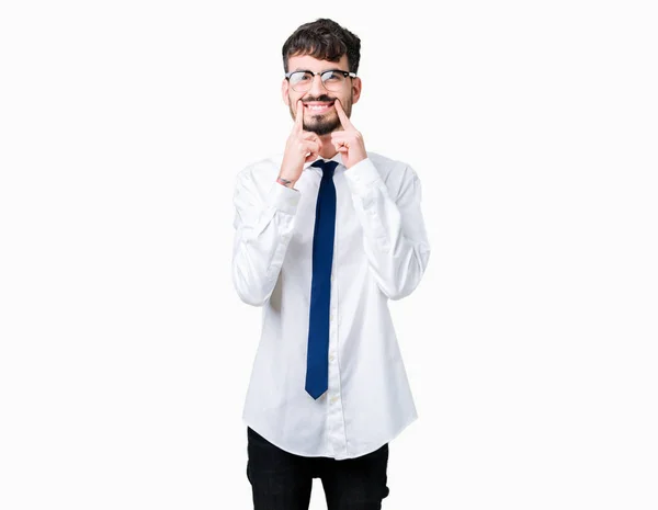 Joven Hombre Negocios Guapo Con Gafas Sobre Fondo Aislado Sonriendo — Foto de Stock