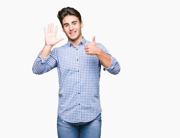 Молодой Привлекательный Бизнесмен Изолированном Фоне Показывает Показывает Пальцами Номер Шесть — стоковое фото