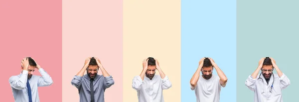 Collage Handsome Man Colorful Stripes Isolated Background Suffering Headache Desperate — Stock Photo, Image