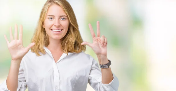 Beautiful Young Business Woman Isolated Background Showing Pointing Fingers Number — Stock Photo, Image