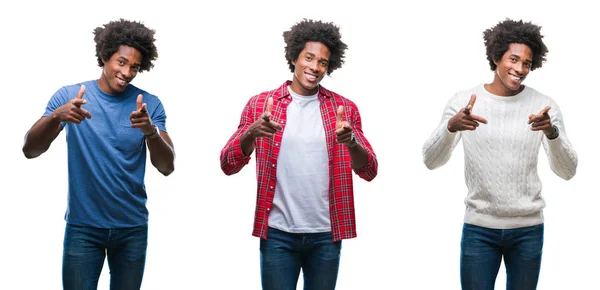 Colagem Afro Americano Jovem Bonito Homem Sobre Fundo Isolado Apontando — Fotografia de Stock