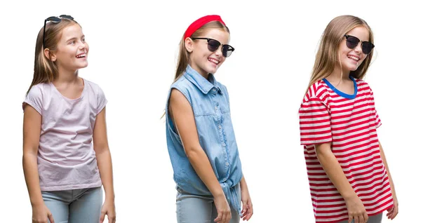 Collage Niña Pequeña Con Gafas Sol Sobre Fondo Aislado Mirando —  Fotos de Stock