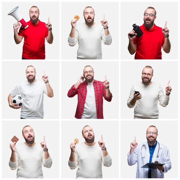 Collage Van Jonge Man Eten Arts Met Smartphone Geïsoleerd Achtergrond — Stockfoto