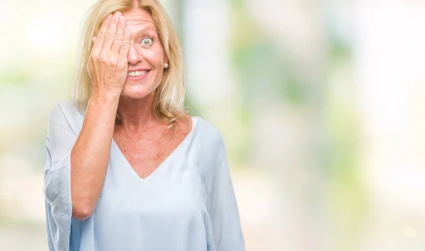 Middle Age Blonde Business Woman Isolated Background Covering One Eye — Stock Photo, Image
