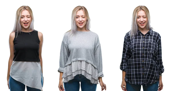 Collage Vacker Blond Ung Kvinna Över Isolerade Bakgrund Winking Tittar — Stockfoto