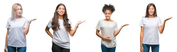 陽気な提示とカメラを見て手の手のひらで指している笑みを浮かべて分離の背景に中国 アラブ アフリカ系アメリカ人の女性のグループのコラージュ — ストック写真